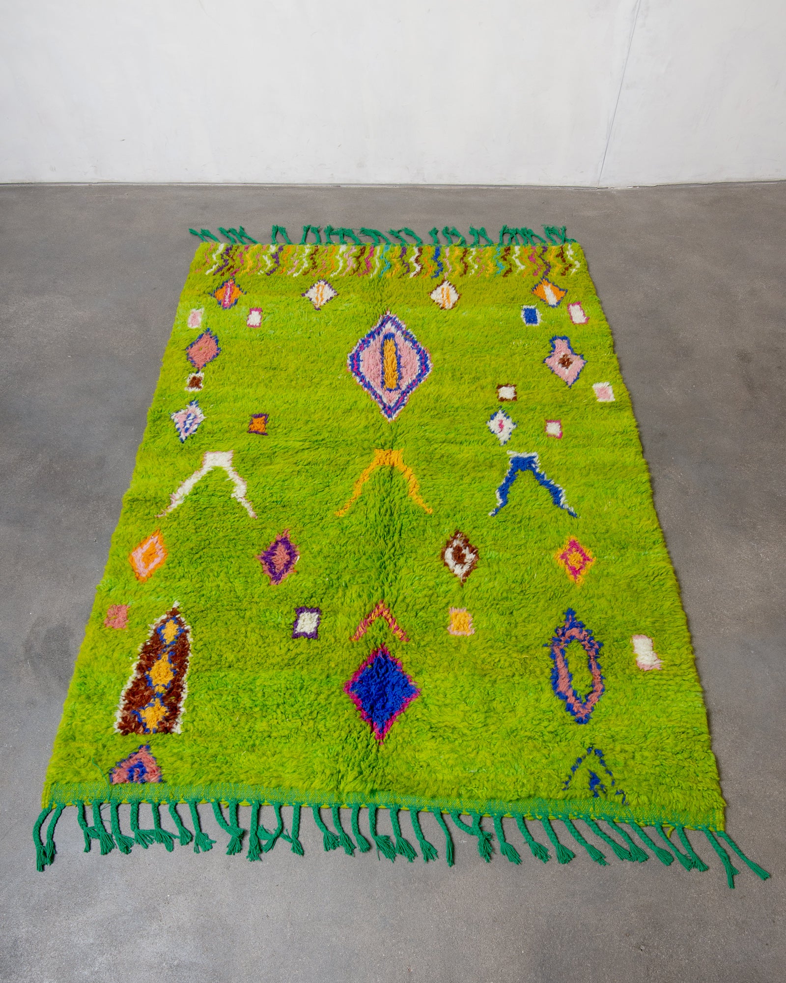 Modern, designer, handcrafted Berber rug from Morocco. Vintage carpet with beautiful colours and patterns and fluffy texture.